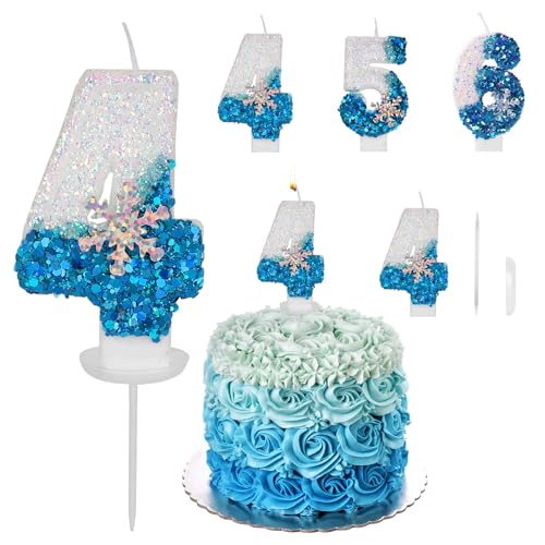 Gohytal 3D Geburtstagskerzen Zahlen 4, Geburtstagskerzen Kinder Frozen mit Schneeflocke Birthday Candle Geburtstag Mädchen Geburtstagskerzen für Kuchendeko für Kindergeburtstag Jubiläum von Gohytal