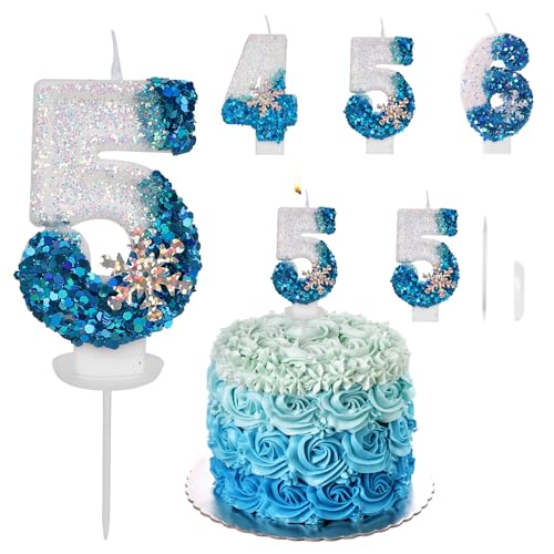 Gohytal 3D Geburtstagskerzen Zahlen 5, Geburtstagskerzen Kinder Frozen mit Schneeflocke Birthday Candle Geburtstag Mädchen Geburtstagskerzen für Kuchendeko für Kindergeburtstag Jubiläum von Gohytal