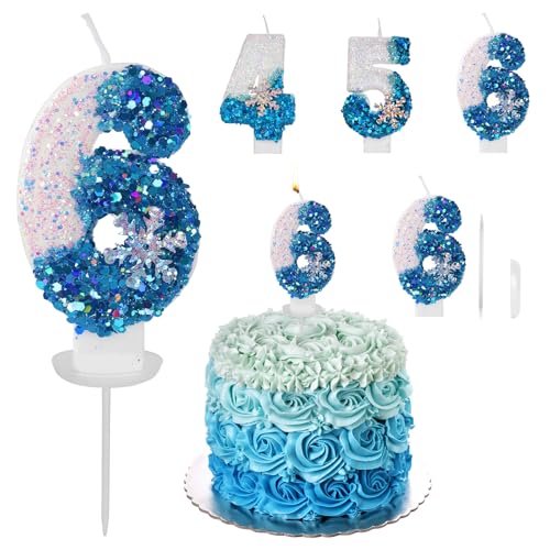 Gohytal 3D Geburtstagskerzen Zahlen 6, Geburtstagskerzen Kinder Frozen mit Schneeflocke Birthday Candle Geburtstag Mädchen Geburtstagskerzen für Kuchendeko für Kindergeburtstag Jubiläum von Gohytal