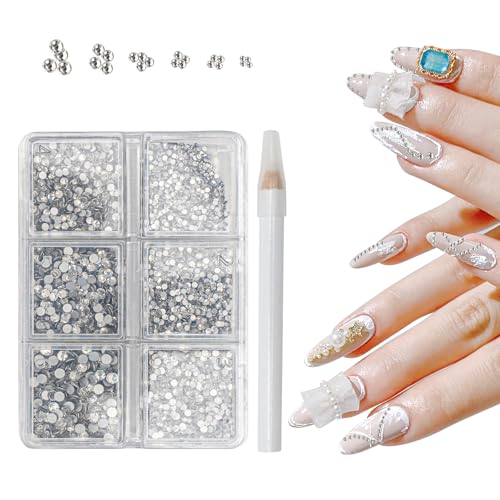 Gohytal 7200 Stück Flatback Strasssteine,Strasssteine Set Edelsteine Runde Kristall Strasssteine mit 6 Größen Diamanten für Nagelkunst mit Wachsstift für Kunsthandwerk,Nail Art,DIY Handwerk,Bekleidung von Gohytal