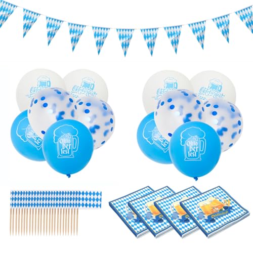 Gohytal 78 Stück Oktoberfest Deko,Bayrische Deko Set mit Bayrische Servietten+10m Wimpelkette+Blau Weiß Luftballons+Flaggenpicker Tortendeko,Oktoberfest Tischdeko Set für Oktoberfestparty Grillparty von Gohytal