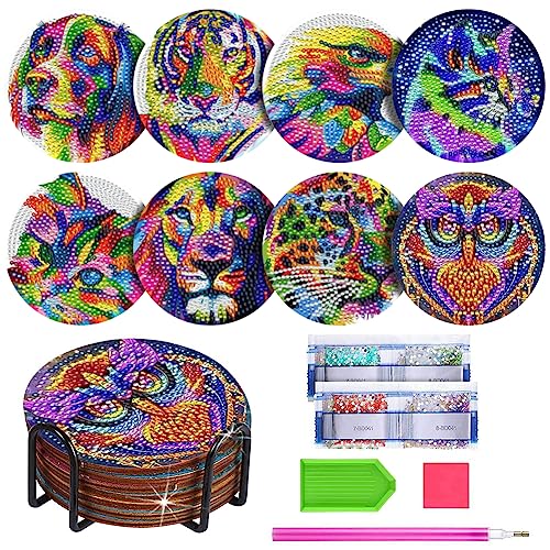 Gohytal Diamond Painting Untersetzer, 8 Stück 5D Diamant Malerei Untersetzer, DIY Tiere Untersetzer Diamant Malsets für Basteln Zubehör Set, Diamond Art Painting Set für Erwachsene Kinder Anfänger von Gohytal