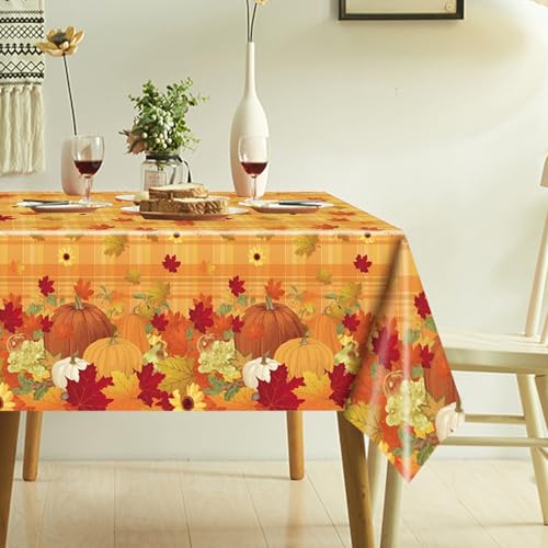 Gohytal Herbst Tischdecke 137x274 cm,Herbst Tischwäsche Rechteckig,Erntedankfest Herbsternte Orangefarbenes Kürbisse Blätter Herbst Tischdecke Küche für Party Picknick Abendessen Tisch Dekoration von Gohytal