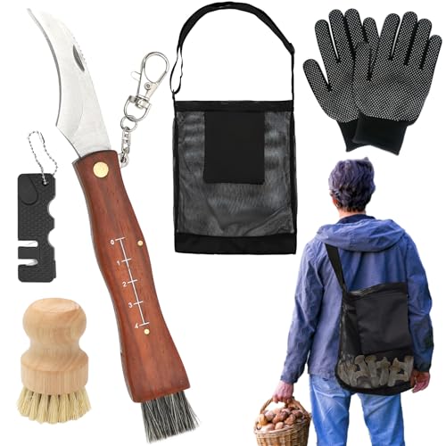 Gohytal Pilzmesser mit Bürste und Lineal,Tragbares Klappmesser mit Handschuhe Pilzbürste Pilzbeutel,Trüffel Outdoor Taschenmesser,Schwammerlmesser Geschenk für Pilzsammler,Edelstahl Pilzsammler Messer von Gohytal