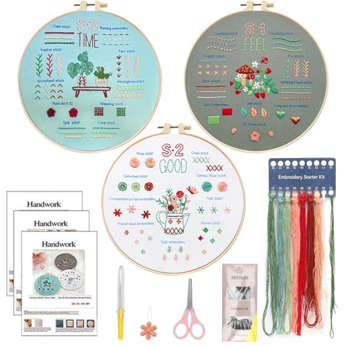 Gohytal Stickerei Set Anfänger, Sticken Set Erwachsene, Blumenmuster Pflanzen Embroidery Kit mit 20CM Bambus Stickrahmen, Farbfäden, Schere Werkzeuge,Kreuzstich Stickset für DIY Kunst,Handwerk,Sticken von Gohytal