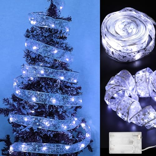 Gohytal Weihnachtsband Lichter,5M Glänzende Band Lichterkette für Weihnachtsbaum,LED Bänder Weihnachtsbeleuchtung,Band Schleife Lichter für Weihnachtsdekoration innen außen Urlaubsparty Hochzeit Deko von Gohytal