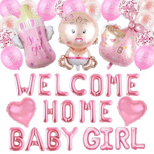 Gohytal Welcome Home Baby, Willkommen Zuhause Baby, 40 Stück Welcome Home Deko mit Welcome Home Baby Girl Girlande, Luftballons Dekoration, Herzlich Willkommen Deko für Babyparty Deko Mädchen von Gohytal