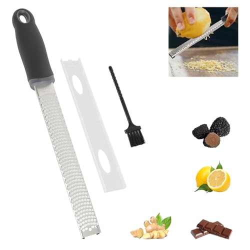 Gohytal Zester Küchenreibe Fein, 32CM Edelstahl Reibe Käsereibe mit Silikon Griff & Reinigungsbürste für Muskatnuss, Obst, Gemüse, Käse, Knoblauch, Schokolade, Zitrone, Schwarz von Gohytal