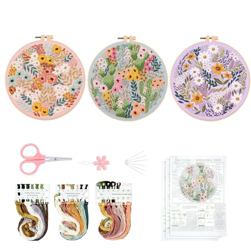 Goiern 3 Sets Stickerei Kreuzstich Set,Handmade Embroidery Starter Kit,Anfänger Stickerei Set, Stick Starter Kit mit Stickrahmen, Stickgarn, Nadel(Blumenmuster) von Goiern