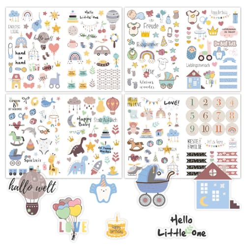 Goiern 4 Stück 212 Stickers Babyalbum,Aufkleber für Kinder und Baby Fotoalben, 8 Bögen DIN-A4 DIY Scrapbooking Aufkleber zum Gestalten, Baby-Scrapbook-Aufkleber von Goiern