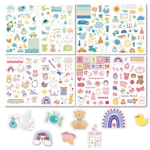 Goiern 4 Stück 215 Stickers Babyalbum,Aufkleber für Kinder und Baby Fotoalben, 8 Bögen DIN-A4 DIY Scrapbooking Aufkleber zum Gestalten, Baby-Scrapbook-Aufkleber(Bunte) von Goiern