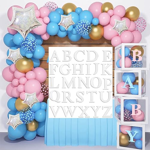 4 Stück Baby Box mit 26 Buchstaben, Ballonbox Baby Shower Deko, Transparent Ballon Box,Babyparty Deko Mädchen Junge, Baby Party Dekoration Ballon Boxen, Gender Reveal Babyshowerparty Deko Ballonboxen von GoldRock