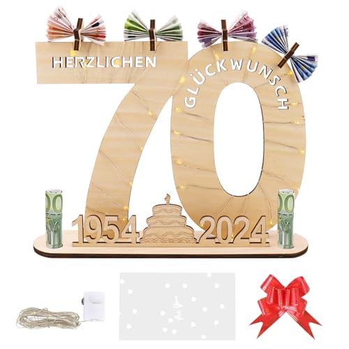 70 Geburtstag Frauen Männer Geschenk mit Geschenktasche& Schleife&Led Lichterkette,Geldgeschenke Geburtstag 70,Geschenke zum 70 Geburtstag Frau Mann Deko 1954-2024 Holzschild Gästebuch 70. Geburtstag von GoldRock