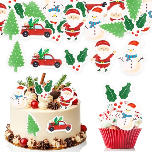 GoldRock 48 Stück Essbare Tortendeko Weihnachten, Weihnachts Esspapier Tortendeko Weihnachten Essbar Cupcake Topper,Weihnachtsmann Muffin Deko,Kuchen Deko Weihnachten,Tortendeko Essbar für Weihnachten von GoldRock