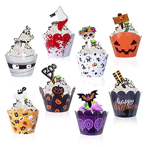 GoldRock 48 Teiliges Halloween Kuchendeko Set, 24 Cupcake Wrapper Halloween+24 Muffin Halloween Deko, Fledermaus Grabsteinmesser,Kürbis Halloween Kuchen Dessert Deko,Halloween Motto Partyzubehör von GoldRock