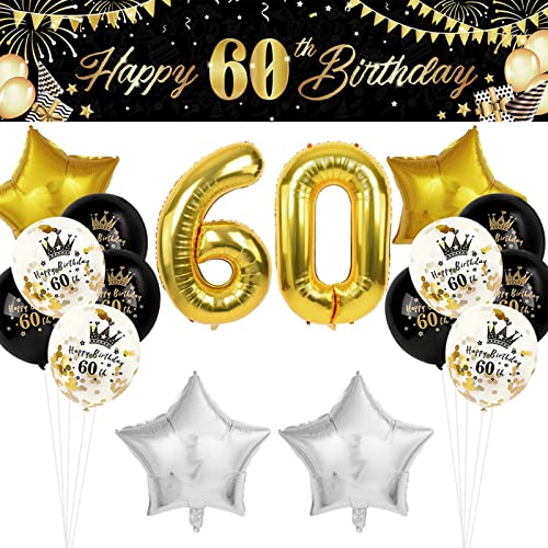 GoldRock Deko 60 Geburtstag Mann Frau, 60 Geburtstag deko Schwarz Gold Set, 60. Geburtstag Mann Frau Deko,Geschenke 60 Geburtstag Mann,Geburtstagsdeko 60 mit Girlande,Luftballons,60 Zahl Folienballon von GoldRock