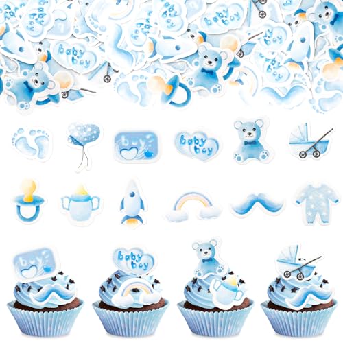 GoldRock Tortendeko Essbar Babyparty Deko Junge Blau, 48 Stk Cake Topper Baby Boy,Essbare Tortendeko Baby,Its a Boy Deko Torte,Oh Baby Cake Topper Muffin Deko für Baby Shower,Taufe,Gender Reveal Party von GoldRock