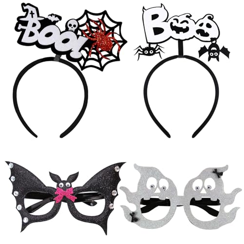 GoldRock Halloween Deko Haarreif Brillen Set, 4 Stk Haarreifen Brille Deko Halloween, Spinnen Kürbis Deko Haarband,Fledermaus Geist Brille Horror Deko, Halloween Kostüm Accessoires für Halloween Party von GoldRock