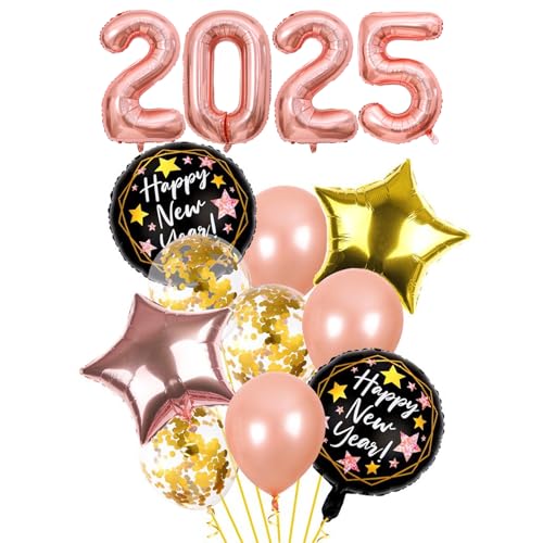 GoldRock Luftballons Silvester Deko 2025,14 Stk Deko Silvester Ballons,Happy New Year Deko 2025,Folienballon Silvester Luftballon Dekoration Set,Silvester Party Deko Luftballon,Neujahr Ballon Rosegold von GoldRock