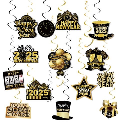 GoldRock Spirale Silvester Deko 2025 Party Set,14 Stk Happy New Year Deko Spiralen, Silvester Dekoration Deckenhänger,Neues Jahr Hängedeko Schwarz Gold,Neujahrsdeko Hängende Wirbel,Neujahr Deko Spiral von GoldRock