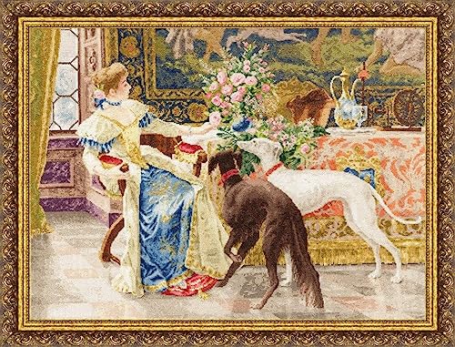 Golden Fleece Kreuzstich-Stickerei-Set für Erwachsene, berühmte Maler – sitzende Dame mit Windhunden, 55 × 39 cm, 18 Stück von Golden Fleece