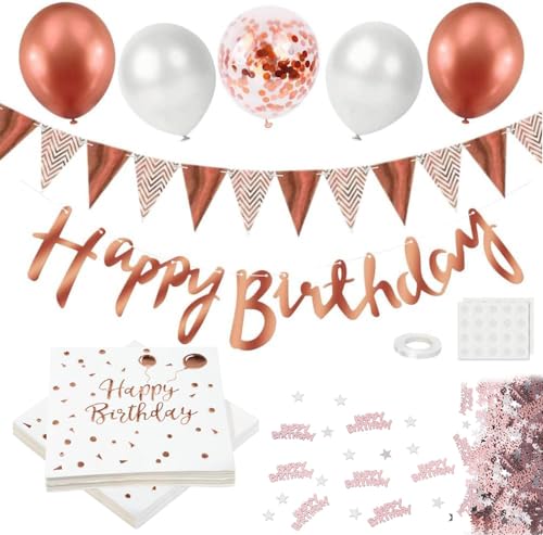 Goldenland 40 Stück Happy Birthday Servietten Rosegold White + 18 pcs Luftballons + Happy Birthday Girlande + Konfetti, Tisch Dekorationen Papier servietten geburtstag Napkins für Geburtstag Party von Goldenland