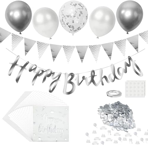 Goldenland 40 Stück Happy Birthday Servietten Silver White + 18 pcs Luftballons + Happy Birthday Girlande + Konfetti, Tisch Dekorationen Papier servietten geburtstag Napkins für Geburtstag Party von Goldenland