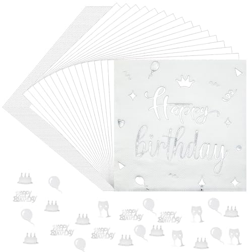 Goldenland 40 Stück Servietten Geburtstag Eukalyptus Silber, Servietten Happy Birthday mit 100pcs Geburtstag Konfetti, Geburtstag Deko Papierservietten Tischdeko für Junge Mädchen Geburtstag von Goldenland