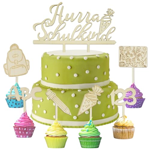 7 Stück Tortendeko Einschulung Holz Cake Topper Set Schulkind Hurra Schulkind Tortendeko Schulanfang Kuchen Dekoration für Mädchen Junge Schüler der Primar- und Sekundarstufe Schulanfang Party Deko von Goldenland