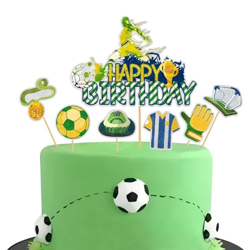 Goldenland Fußball-Thema Geburtstags Cake Toppers, 1 Groß Happy birthday Tortendeko und 6 Stück Fußball-Elemente Cake Toppers, Fußball-Thema Cartoon Kuchendeckel für Kinder Geburtstagsparty Dekoration von Goldenland