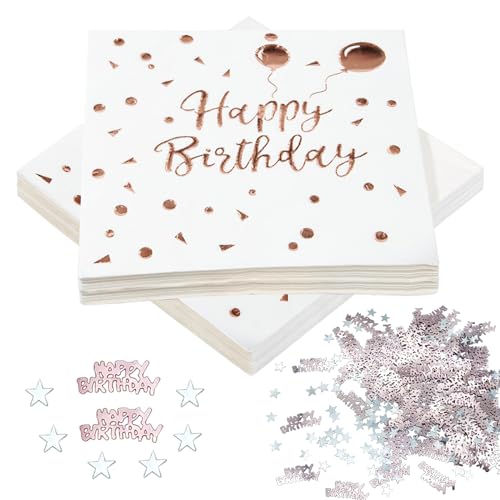 Goldenland Rose Gold Napkins Happy Birthday 40 Stück Servietten Geburtstag Eukalyptus Roségold, Servietten Happy Birthday mit 100pcs Geburtstag Konfetti, Geburtstag Deko von Goldenland