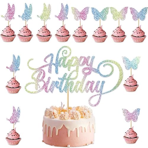 Goldenland Schmetterling alles Gute zum Geburtstag Glitter Cupcake Topper Party Dekoration Zubehör Flash Farbe 13 Stück für Geburtstag Hochzeit Baby Dusche (1 groß 12 klein) von Goldenland