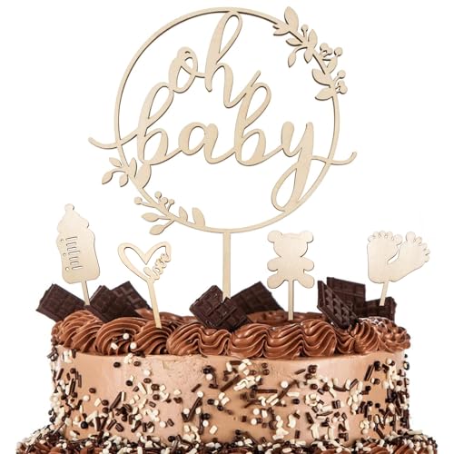 Oh Baby Cake Topper Holz 5 Stück, Oh Baby Tortendeko, Baby Kuchen Topper Kuchendeko Tortendeko für Babyparty, Baby Shower Deko, Gender Reveal Partydeko Kindertaufe schmücken Tortenaufsatz von Goldenland