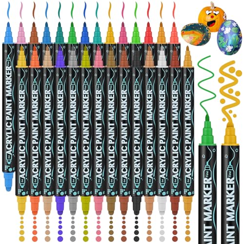 Goldge Acrylstifte für Steine Wasserfest, 28 Farben Dual Tip Steine zum Bemalen Acrylmarker, Acrylic Paint Marker, Acrylstifte Wasserfest fur Leinwand, Glas, Holz, Keramik, Basteln, Fotoalben, DIY von Goldge