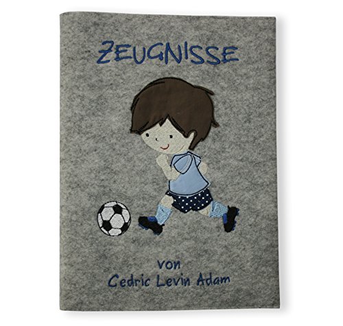 Goldi-Design Zeugnismappe Fußballer grau/blau personalisiert mit Namen 100% Wollfilzumschlag und Sichtbuch DIN A4 mit 20 Hüllen von Goldi-Design