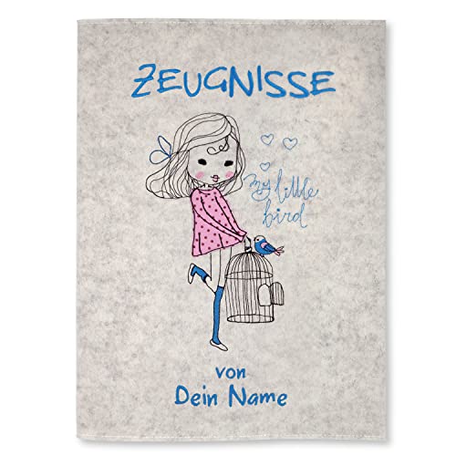 Zeugnismappe My little Bird personalisiert Sichtbuch DIN A4 mit 20 Hüllen - weiß meliert von Goldi-Design