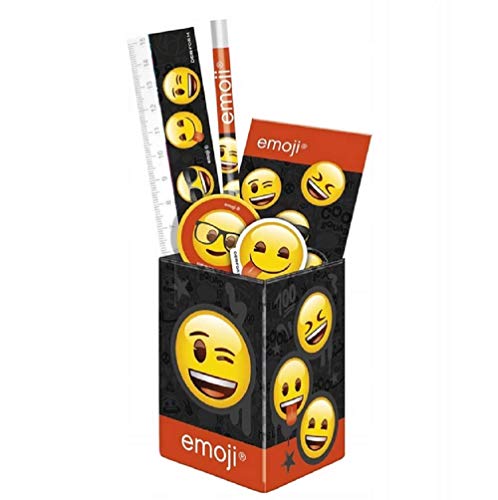 Emoji Emoticons Stiftebox für Kinder Metall Schreibtisch-Organizer Stiftebecher Stiftehalter Box + Zubehör Lineal, Anspitzer, Radiergummi, Notizblock, Bleistift für Mädchen Junge von Goldkids