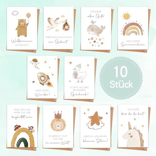 10 Glückwunschkarten zur Geburt Baby mit Umschlage - A6 Babykarten zur Geburt für Mädchen und Jungen - Moderne Klappkarten mit Niedlichen Aquarell-Tieren von Goldziples