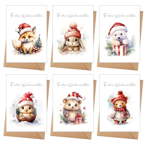 12 Weihnachtskarten mit Umschlag Set - Hochwertiges Klappkarten Weihnachten Set mit Sprüche - A6 Merry Christmas Cards Aquarell Waldtiere - Blanko Seiten zum Schreiben und Drucken von Goldziples