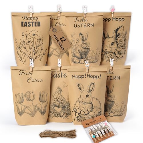 Goldziples 12 Ostertüten zum befüllen - Geschenktüten Ostern Set mit Motiv Hasen, Blumen und Küken - Ostern Papiertüten mit Holzklammern - ideale Mitgebsel Geschenkidee oder Oster Dekoration von Goldziples