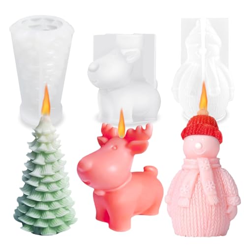 Golgner 3 Stück 3D Weihnachtsbaum Kerzenform, Weihnachten Schneemann Kerzenform, Elch Kerzengießform, 3D Silikonform Weihnachten für Kerzen Gießen, Aroma Gips DIY Kerzenherstellung von Golgner