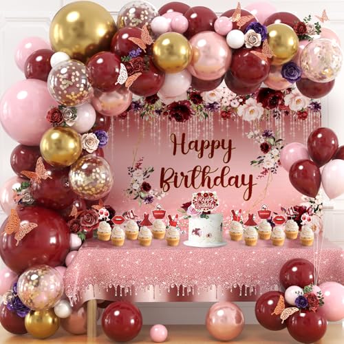 167 Stück Happy Birthday Dekorationen für Frauen Burgunderrot Ballonbogen Girlande Kit mit Kastanienbraun Rose Gold Rosa Luftballons Hintergrund Tischdecke Cupcake Topper Schmetterling Aufkleber von Golray