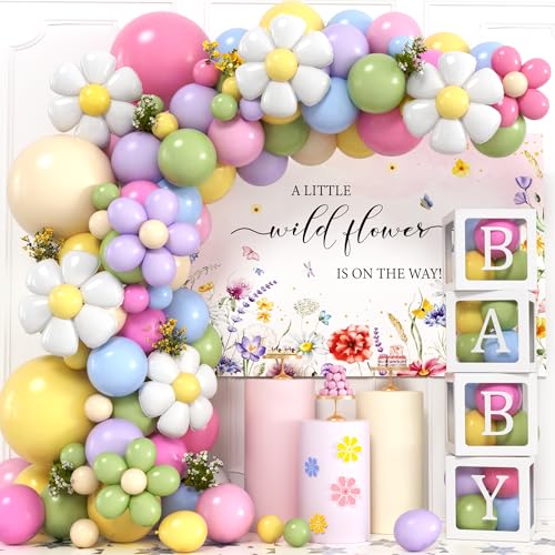 Golray Wildblumen-Babyparty-Dekorationen, Wildblumen-Ballon-Girlande, Bogen-Set, Baby-Boxen, Hintergrund, Gänseblümchen, Wildblume, Boho-Babyparty-Dekorationen für Mädchen von Golray