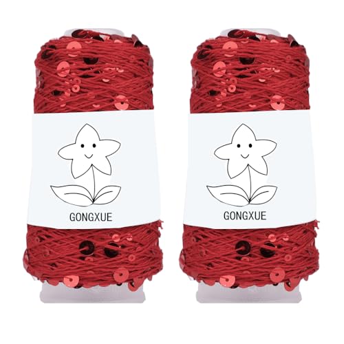 2 Knäuel Pailletten funkelndes Baumwollgarn, Lurex-Paillettenfaden-Zubehör, Stricken Sie es in Garn mit metallischem Glanz zum Stricken und Häkeln, 100 g (Illusion Red, L) von Gongxue