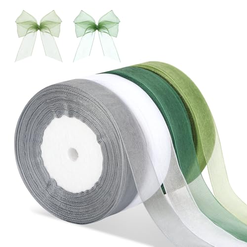 4 Rollen 45 M Organzaband Weiss 2 Cm Chiffonband Dekoband Tüllband Geschenkband Chiffon Organzaband Weihnachten Organza Band Geschenkband Grün Schleifenband für Hochzeit Weihnachten Deco (4 Farben) von GooDengFull