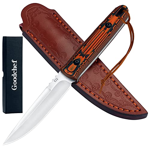 Goodchef Jagdmesser Feststehende Klinge mit Lederscheide, D2 Verstärkter Edelstahl Scharfe Klinge Messer Outdoor Survival Camping, Bequemer G10 Griff Jagd Messer von Goodchef