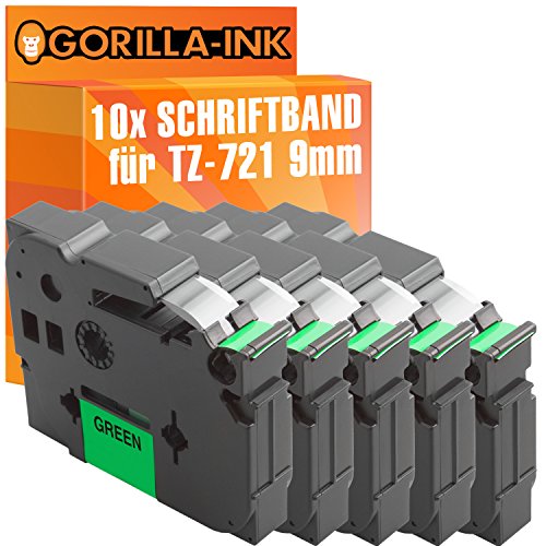 Gorilla-Ink 10x Schriftband kompatibel mit Brother P-Touch TZ-721 TZe-721 Schwarz-Grün von Gorilla-Ink