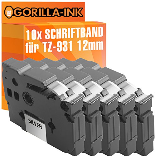 Gorilla-Ink 10x Schriftband kompatibel mit Brother P-Touch TZ-931 TZe-931 Schwarz-Silber von Gorilla-Ink