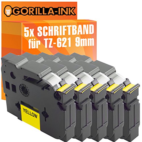 Gorilla-Ink 5X Schriftband kompatibel mit Brother P-Touch TZ-621 TZe-621 Schwarz-Gelb von Gorilla-Ink