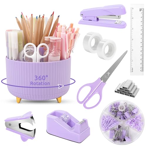 Büro-Schreibtischzubehör-Set, 10-teilig, Stifthalter, Hefter, Klebebandabroller, Schere, Lineal, Clips, 1000 Heftklammern, Rosa und Schwarz (Lila) von Gorsbark